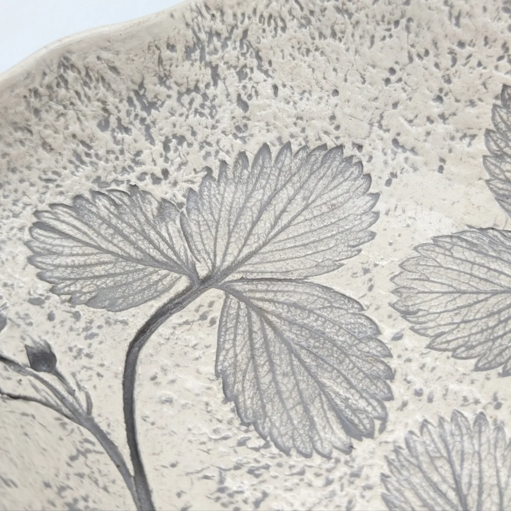 Handmade white grey strawberry plant imprint ceramic dish